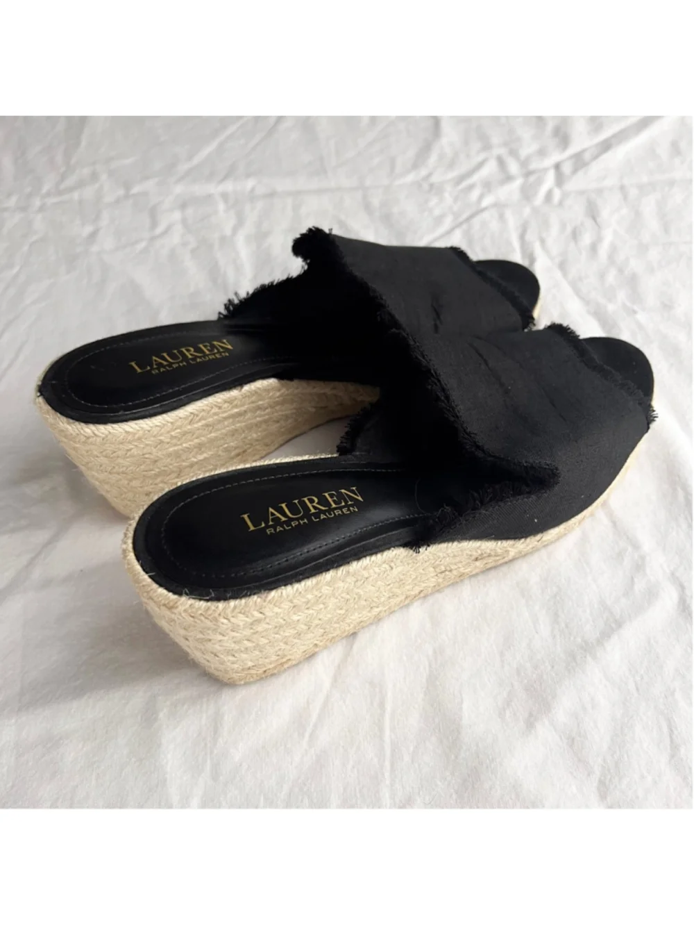 Lauren Ralph Lauren Carlynda Black Linen Wedge Espadrille Sandals Sz 9 Peep Toe